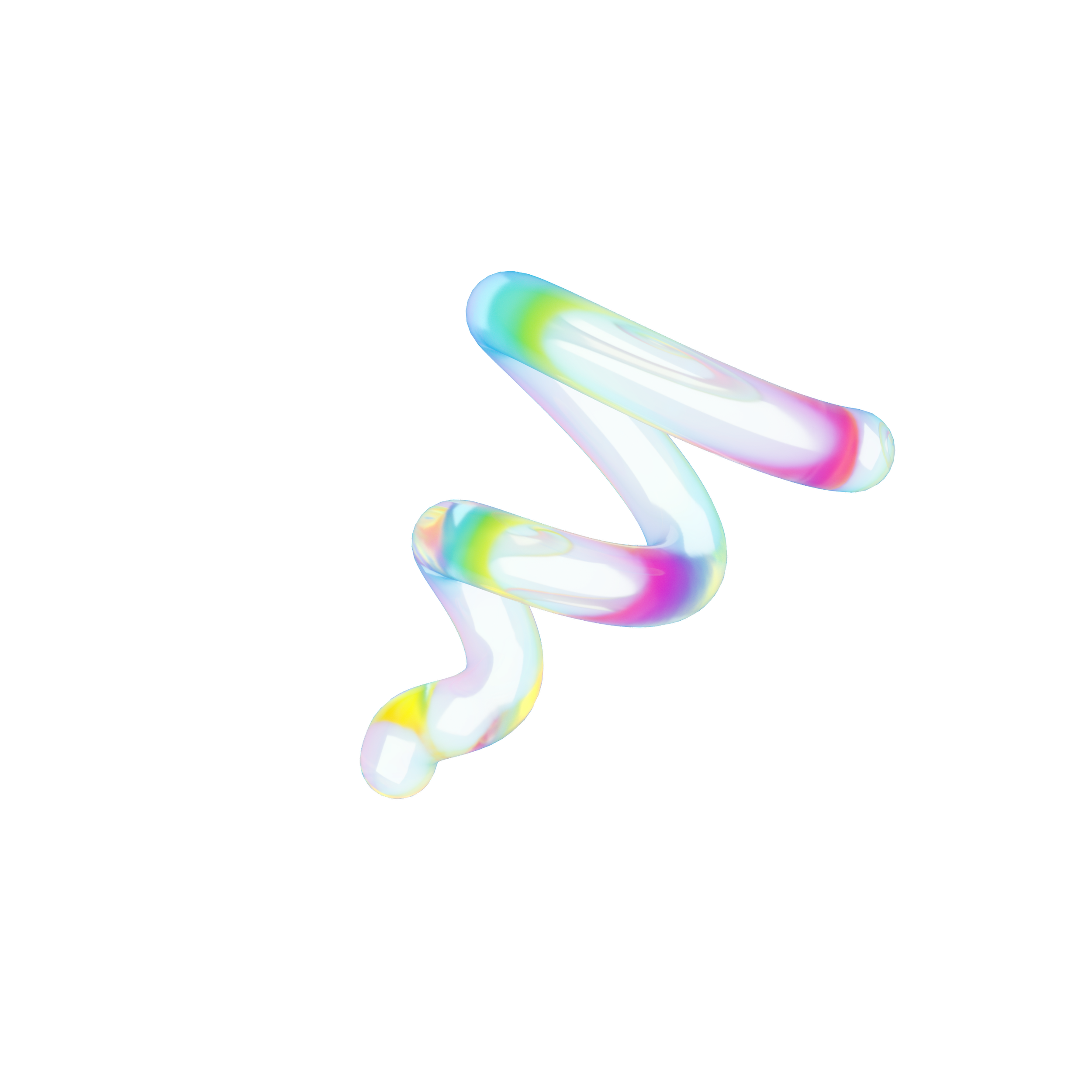 Kleurrijke, iriserende S-vormige sculptuur op een witte achtergrond.
