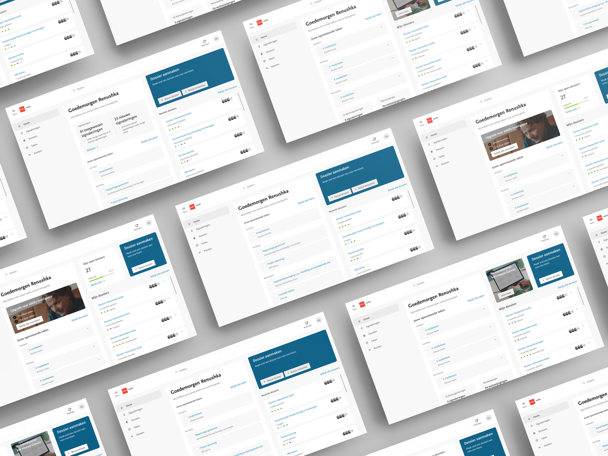Meerdere overlappende screenshots van een digitale projectmanagement- of taakmanagement-applicatie-interface met een witte achtergrond, zijmenu met pictogrammen aan de linkerkant, en verschillende takenlijsten en opties weergegeven.
