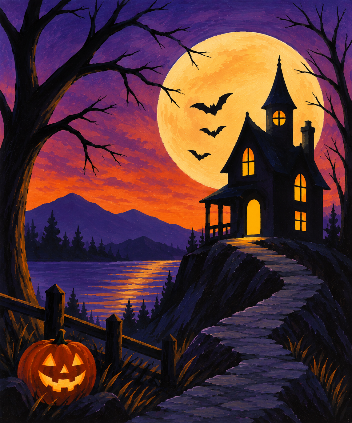 Paint Nite - Moonlight at the Haunted House - an Art Club painting evening