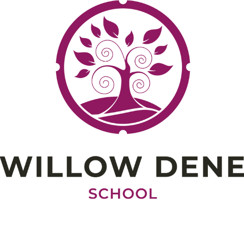Logo for Willow Dene School featuring a stylized purple tree with swirling branches inside a circular border, with the text 'Willow Dene School' beneath.