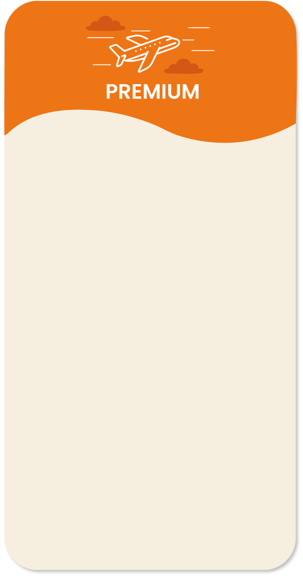 Immagine del piano di abbonamento premium a pagamento all'app Walu con un'icona di un aereoplano e la scritta 'PREMIUM' su uno sfondo arancione e bianco.