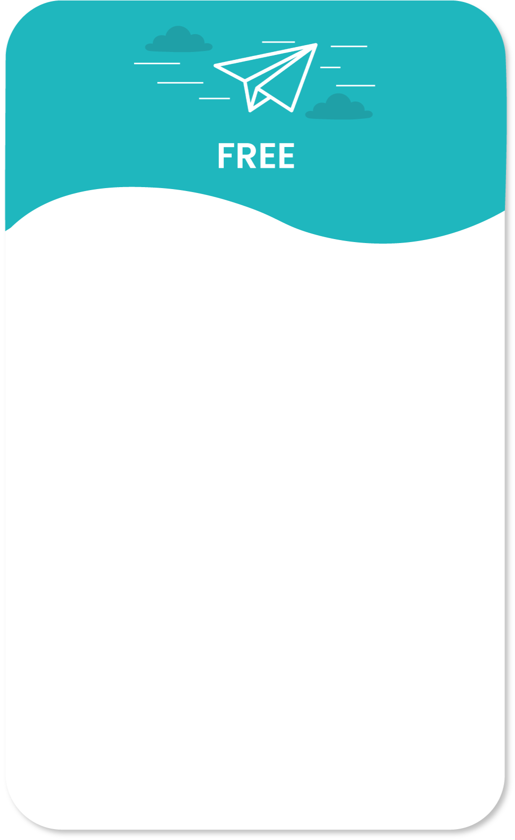 Immagine del piano di abbonamento free all'app Walu con un'icona di un aereo di carta e la scritta 'FREE' su uno sfondo azzurro con nuvole.