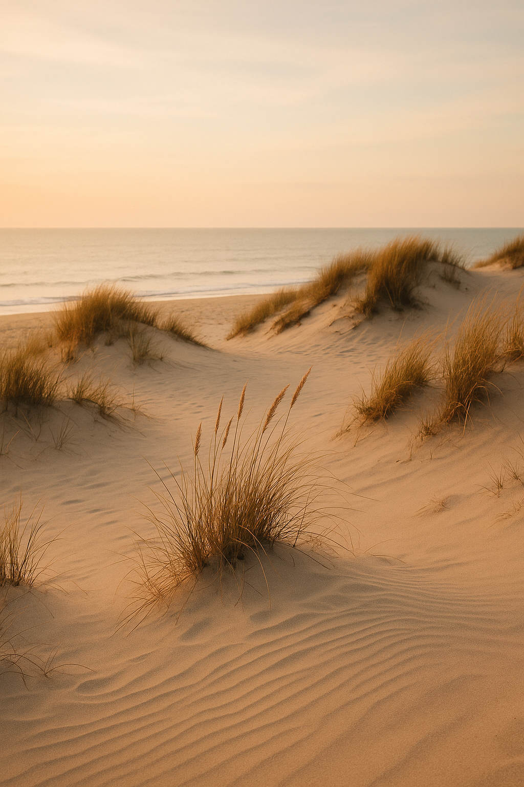 Sandy dunes with sparse grass near the ocean at sunset, calm water and pastel sky in the background.