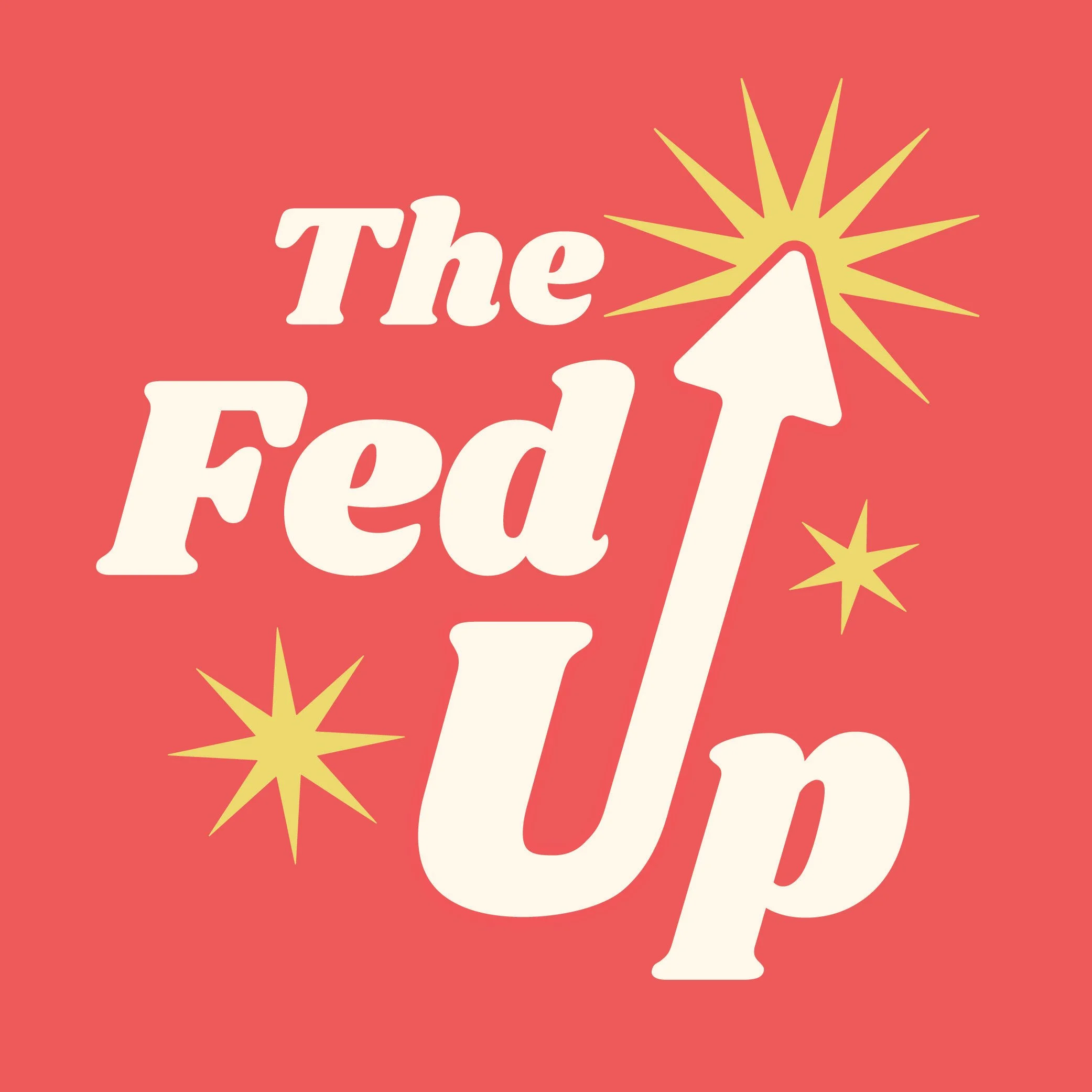 Text reading 'The Fed' with an illustration of a white cup, a yellow starburst, and the outline of a person's face on a red background.