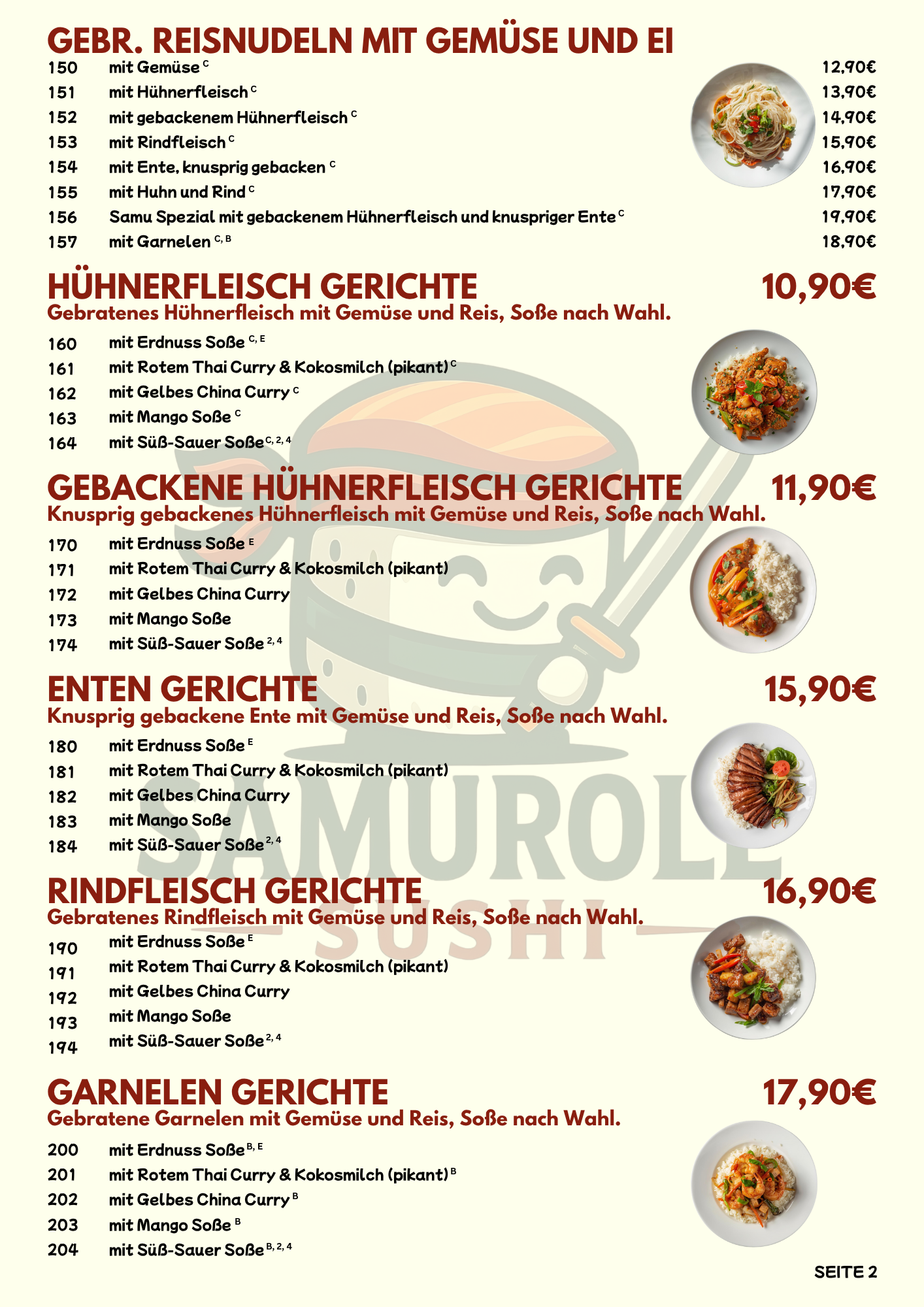 Speisekarte mit verschiedenen Gerichten aus Hühnchen, Ente, Rind, Garnelen mit Gemüse und Reis, jeweils mit Bildern der Gerichte auf der rechten Seite.