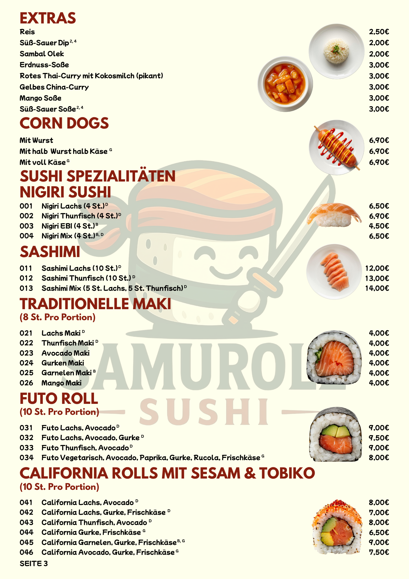 Speisekarte mit Extras, Corn Dogs, Sushispezialitäten, Nigiri Sushi, Sashimi, traditionellen Maki, Futo Roll, California Rolls mit Sesam und Tobiko, Preise in Euro.