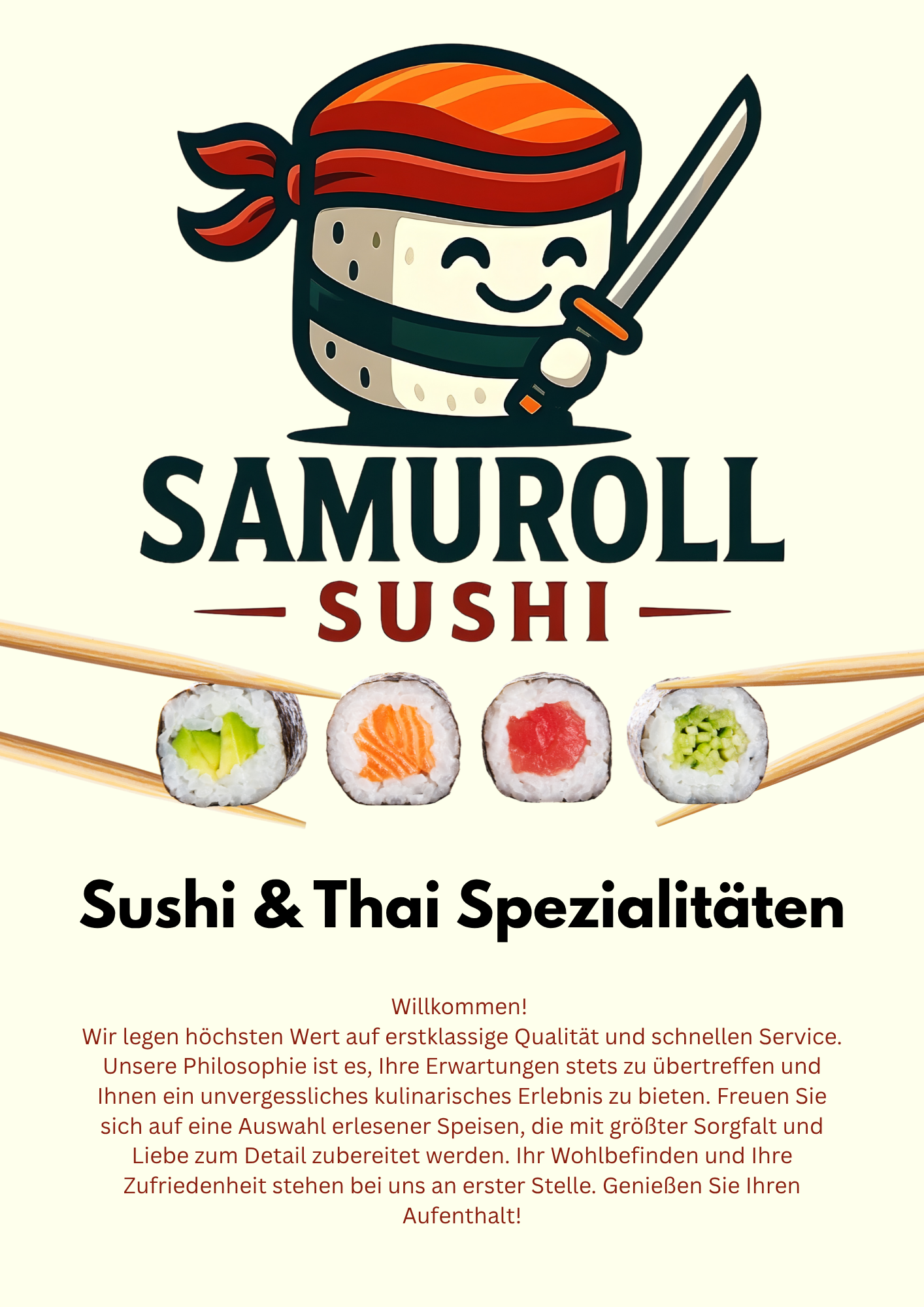 Grafik eines Sushi-Restaurants namens 'Samuroll Sushi' mit einem lachenden Ninja-Charakter, Sushi-Rollen und Chopsticks, sowie einem deutschen Text über die Qualität und den Service des Lokals.