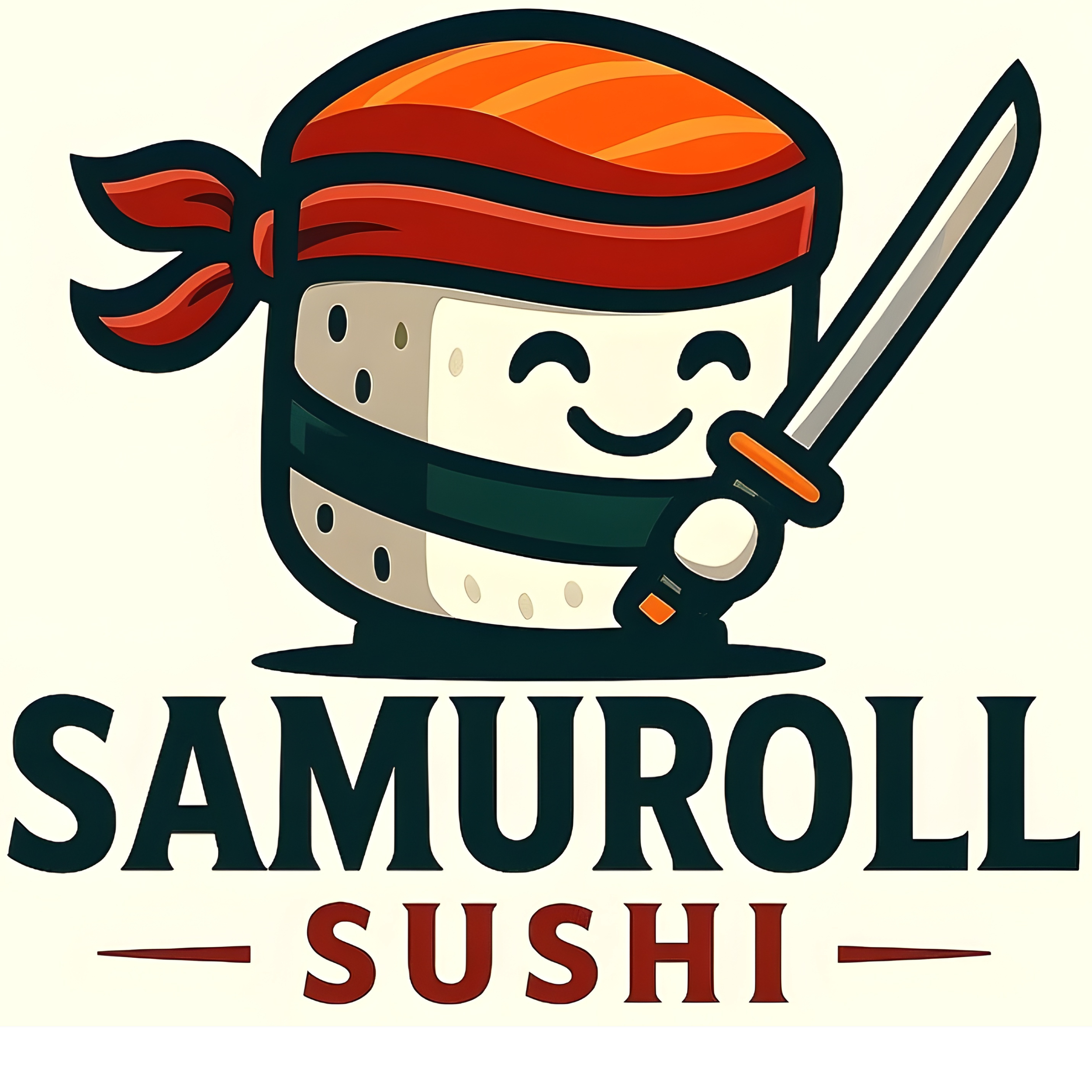 Logo eines Sushi-Restaurants namens 'SAMUROLL SUSHI'. Die Illustration zeigt ein niedliches, lachendes Sushi mit einem roten Bandana, das ein Schwert hält.