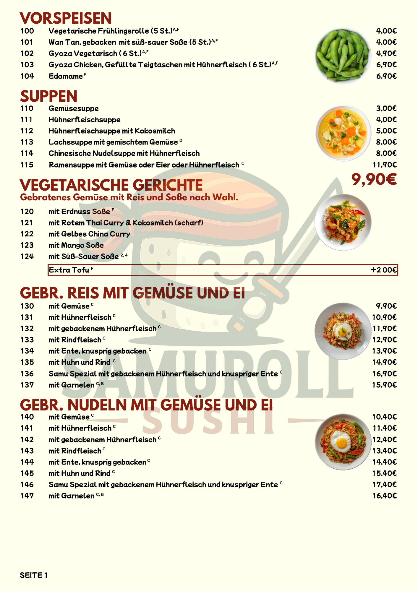 Menü mit Vorspeisen, Suppen, vegetarische Gerichte, Gerichte mit Reis, Nudeln und Eiern, inklusive Bilder von Edamame, Suppe und Gerichte serviert auf Tellern.