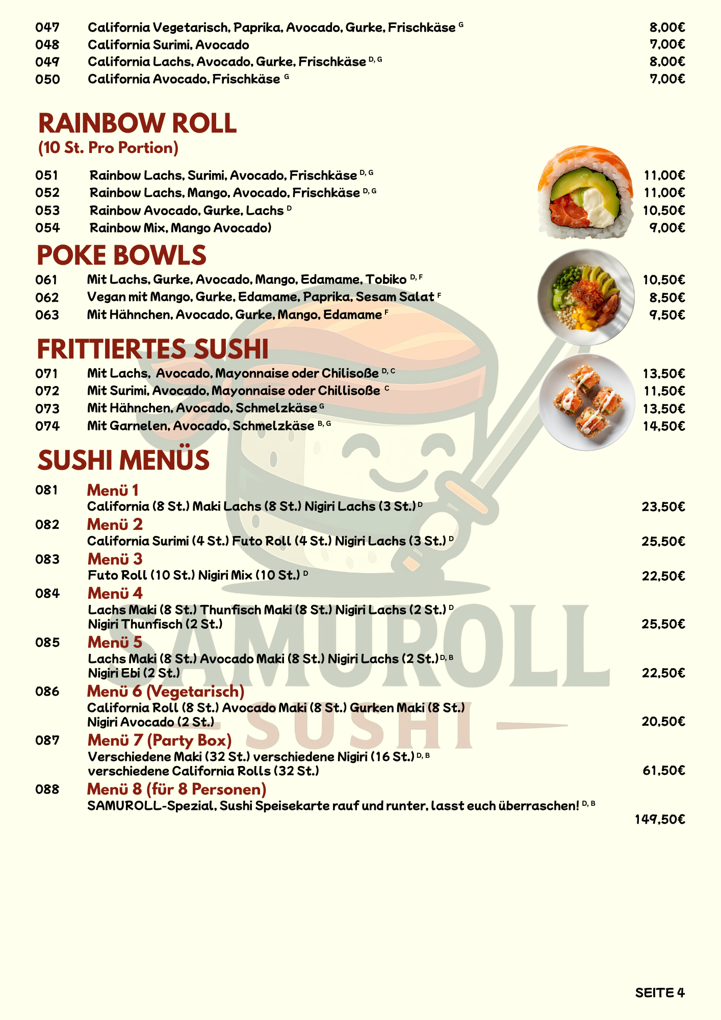Menü mit Sushi-Optionen, darunter Rainbow Roll, Poke Bowls, frittierte Sushi, verschiedene Sushi-Menüs und Spezialangebote, inklusive Preisangaben in Euro.