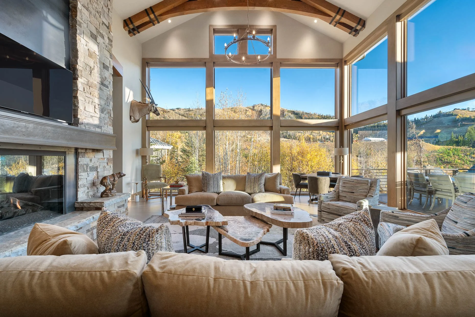 Impressive mountain living room at ski area in Steamboat Springs, CO