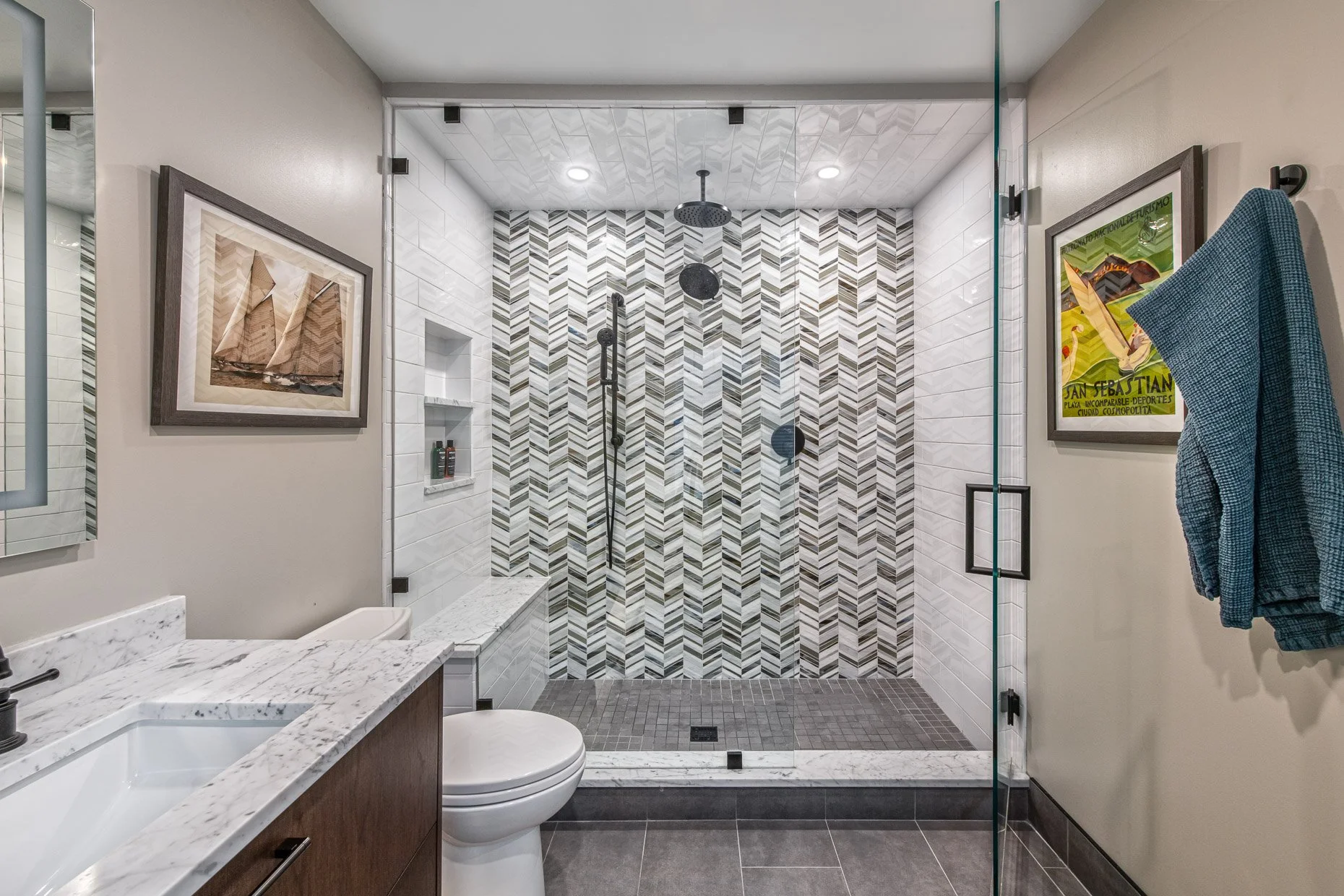 Incredible Bath Design with Herringbone Step in Shower
