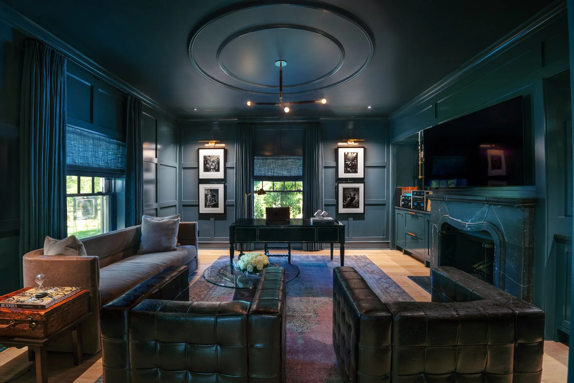 Remarkable moody, Study Design with teal walls and ceiling in Denver Country Club home