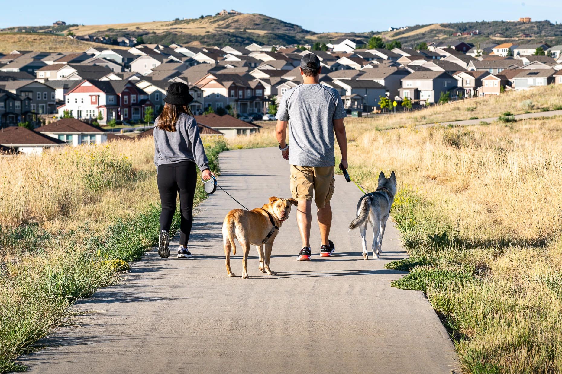 A man and a woman walking their dogs on a paved trail in a suburban area with houses on a hill in the background.