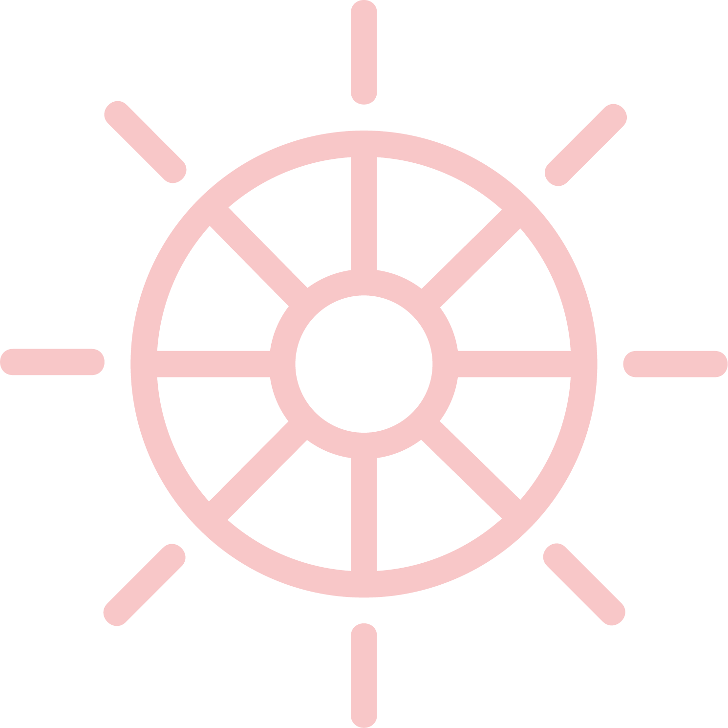 Pink karma wheel icon with circular center and radiating lines.