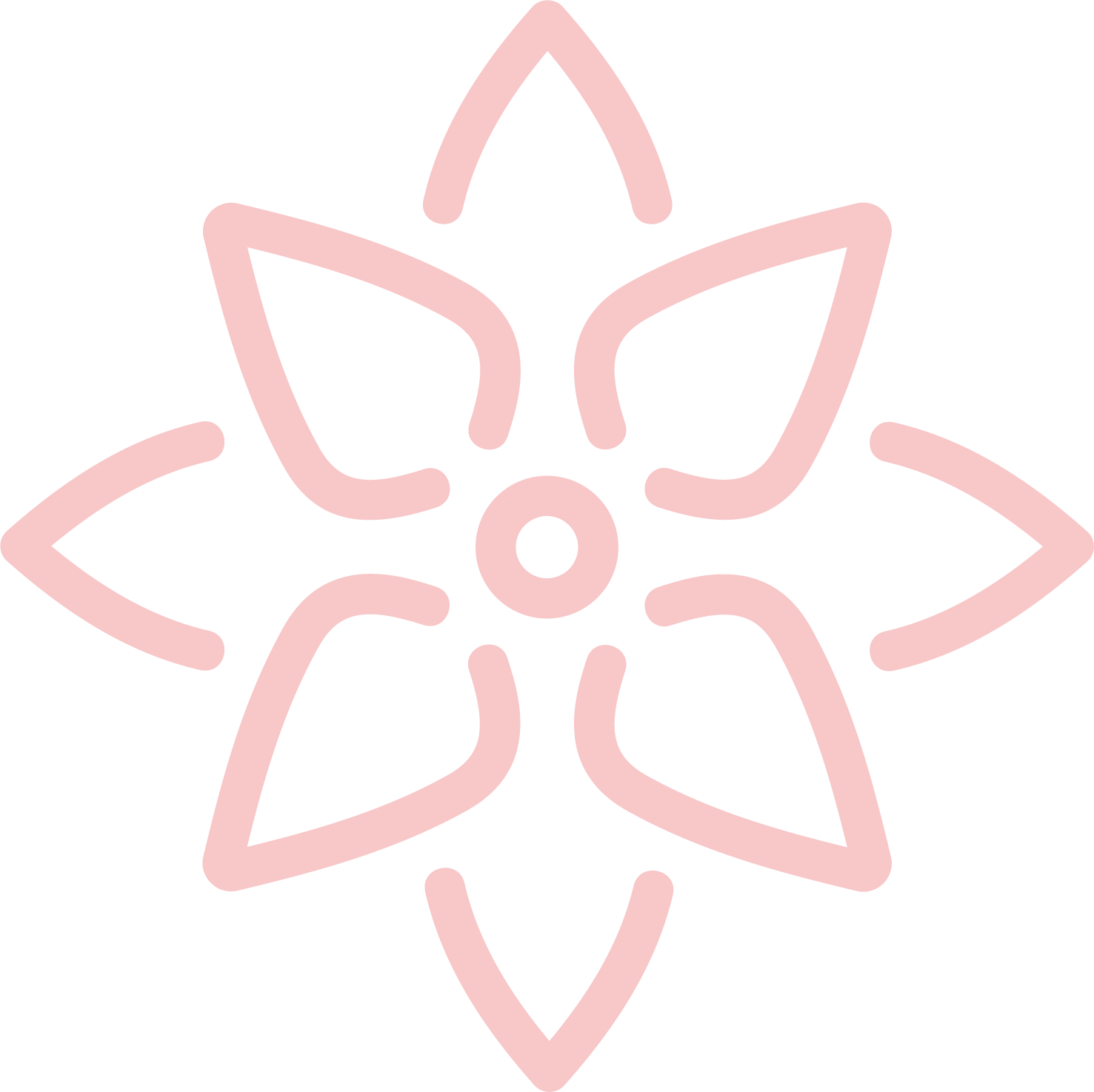 Drawn pink floral design with five petals on a black background.