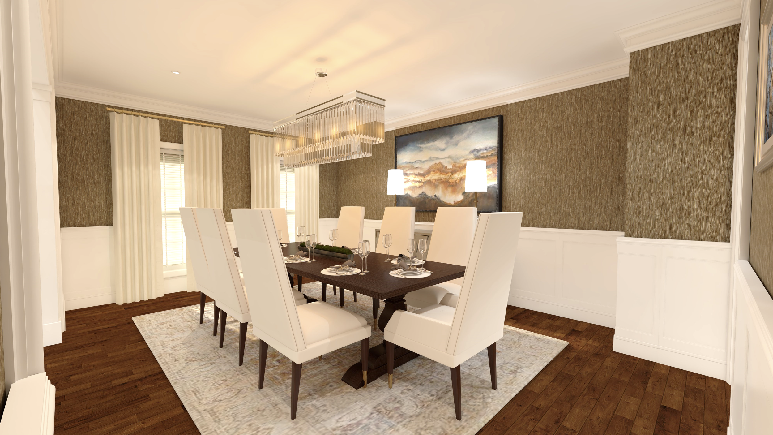 Elegant dining room with a dark wood table, eight white upholstered high-back chairs, a large abstract painting, two white lamps on the wall, beige curtains, hardwood floors, and a beige area rug.