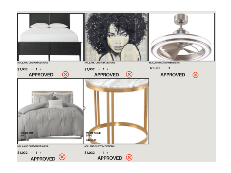 Thumbnail images of furniture and decor items for sale, including a bed, artwork of a woman with curly hair, a ceiling fan, a bed with linen, and a round side table with a marble top and gold legs.