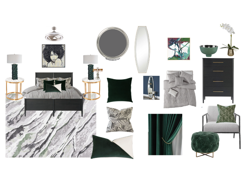 Collage of modern bedroom furniture and decor with bed, nightstands, lamps, pillows, artwork, mirror, dresser, armchair, poof, curtain, and rug in shades of black, white, gray, green, and gold.
