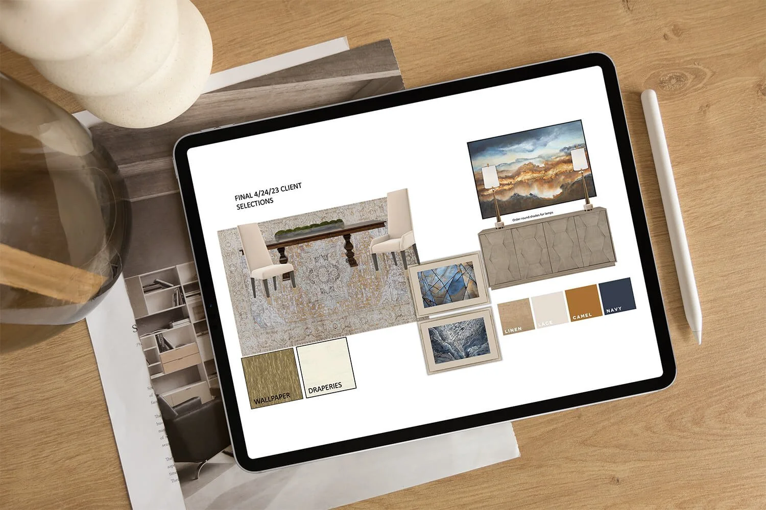 Digital mood board on tablet displaying interior design elements like furniture, colors, and patterns.
