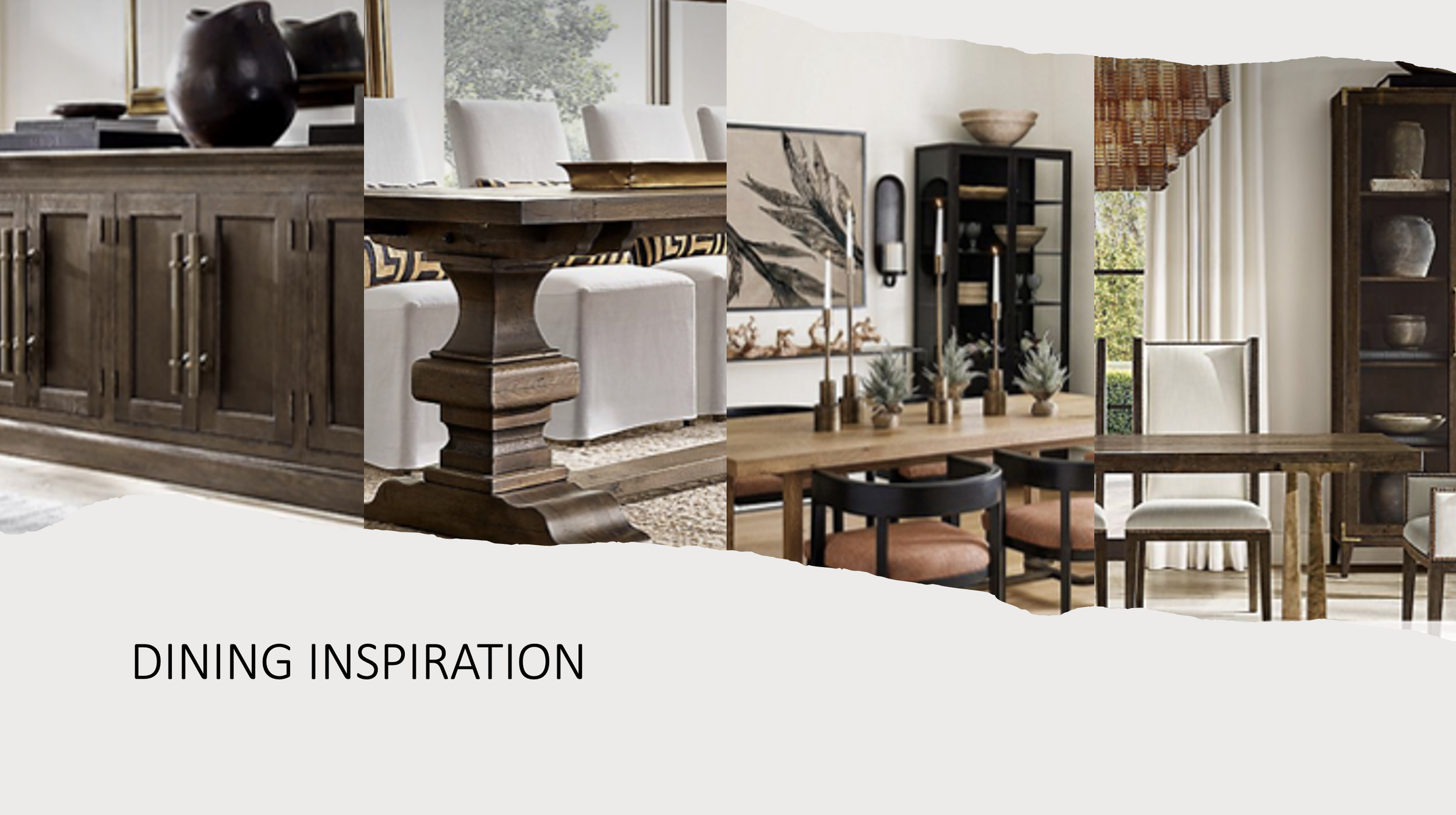 Collage of various dining room furniture and decor, including wooden sideboards, dining tables, chairs, and shelving units, with natural and neutral tones. The text "Dining Inspiration" is displayed at the bottom.