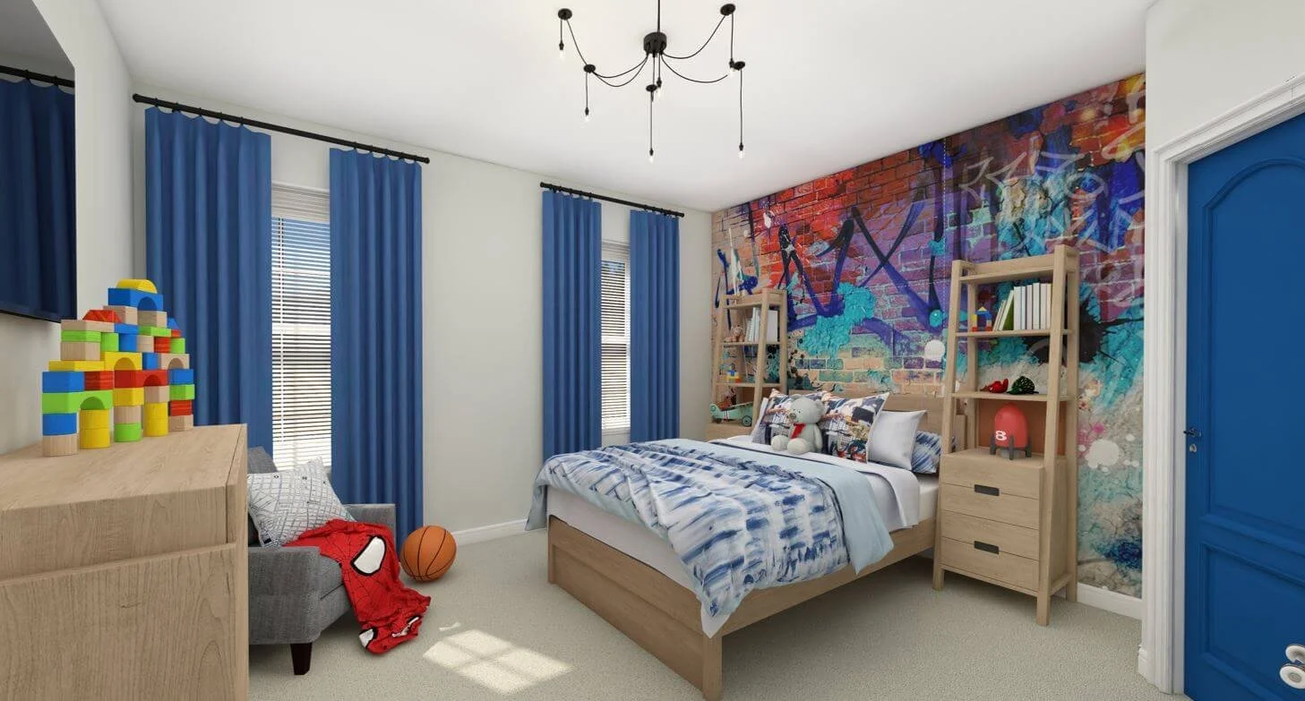 A bedroom with blue curtains, a graffiti-style mural on the brick wall behind the bed, a wooden bed frame with pillows and stuffed animals, a gray armchair with a red blanket and a basketball on the floor, a wooden dresser with colorful building blocks on top, and a blue door.