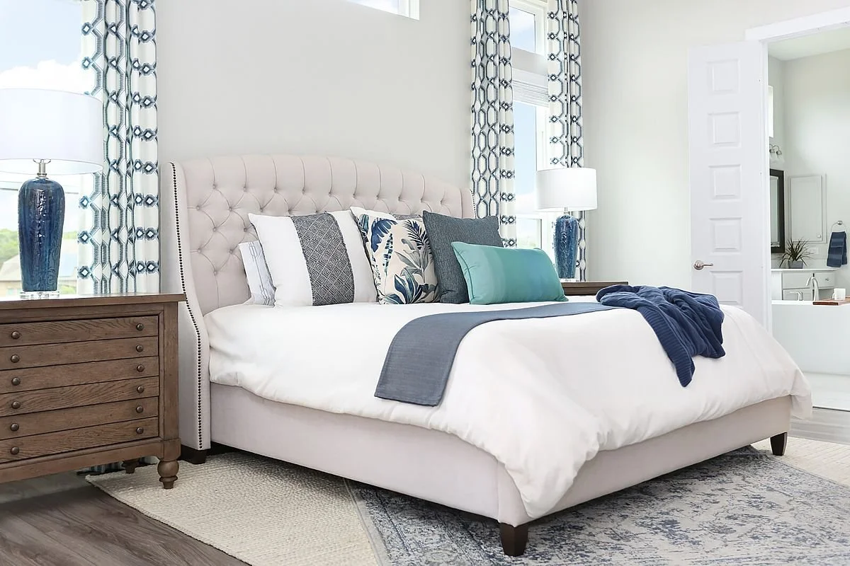 A neutral primary bedroom design.