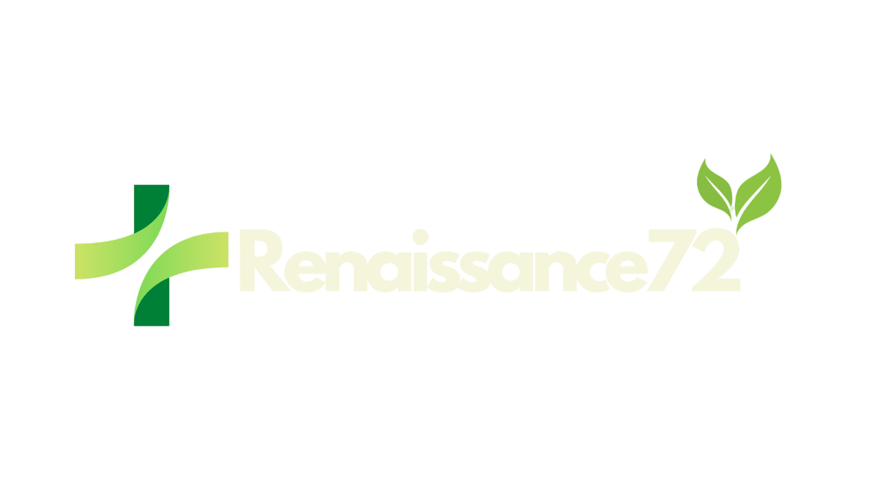 Logo avec des éléments verts en forme de feuilles et le texte 'Renaissance72' en blanc.