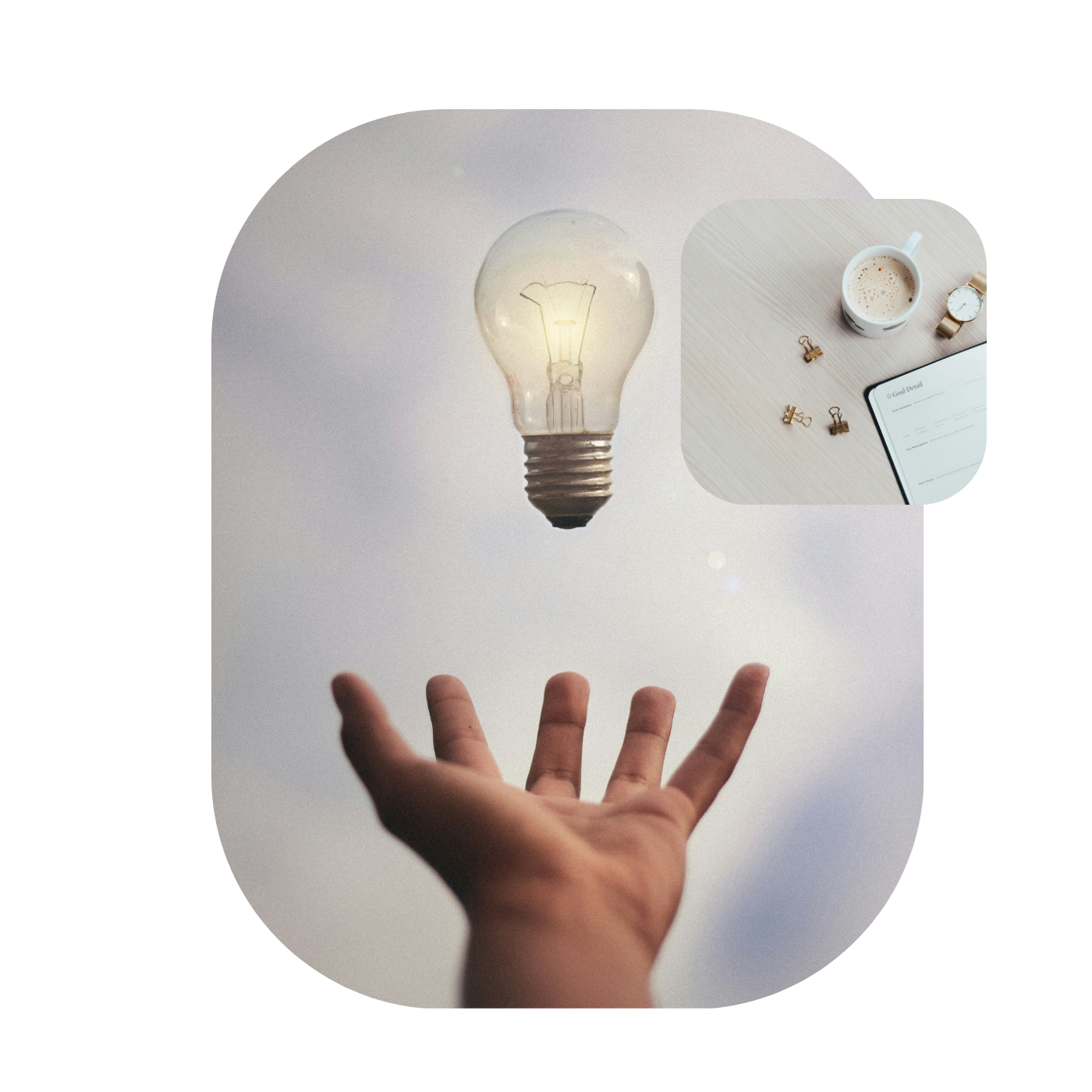 A person's hand reaching out towards a glowing light bulb floating in mid-air, with a workspace featuring a coffee mug, watch, binder clips, and a digital device in the background.