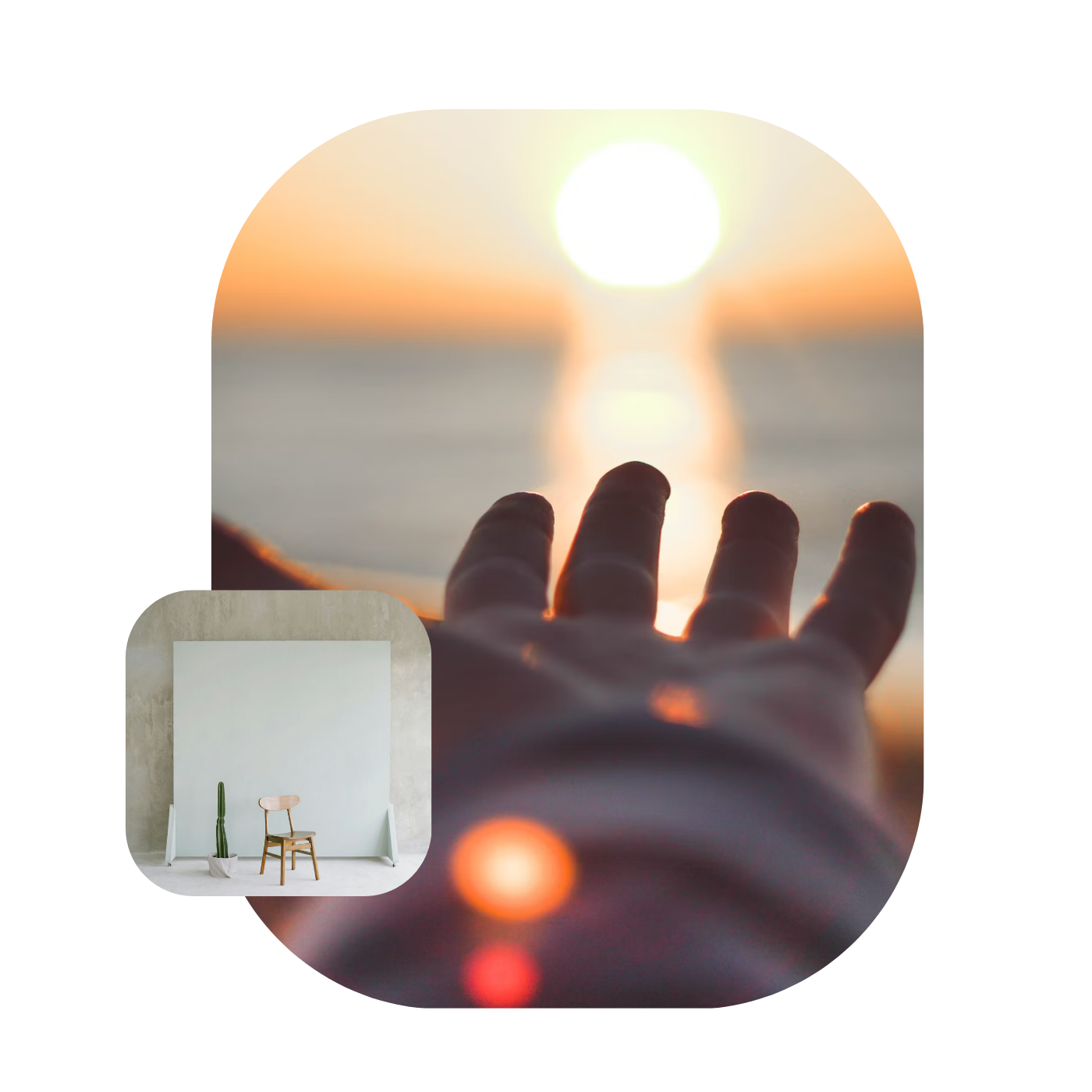 A person reaching out their hand towards the setting sun on the horizon over the water, with a small inset image of a minimalist interior with a chair and plant.