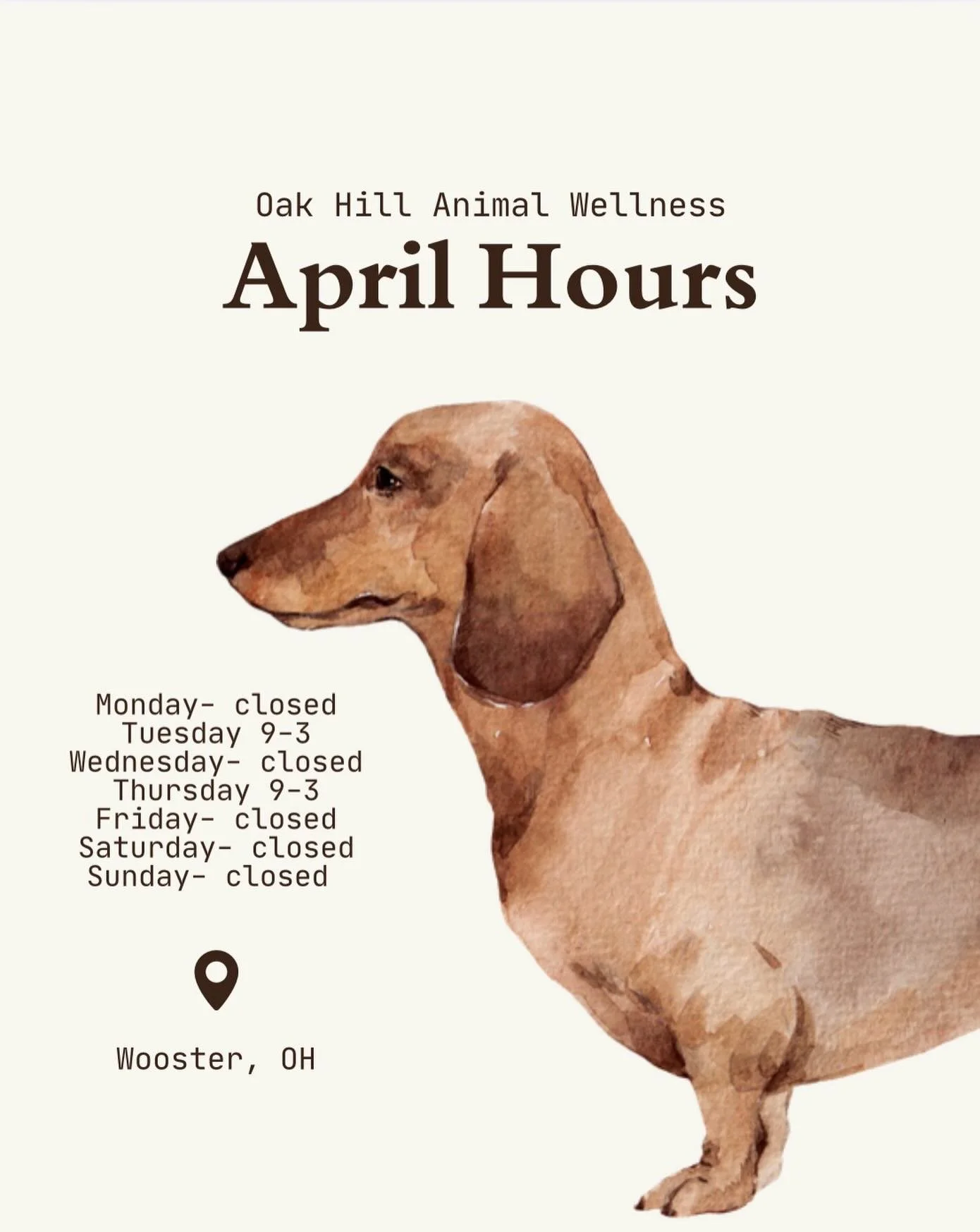 New month, new changes to the schedule! 
⬇️
Dr. Cline is seeing patients at Mairs Veterinary Hospital in Wooster, OH on M/W/F during normal business hours. Call the clinic to schedule with him during the month of April! 🌷🐾

Otherwise, we&rsquo;d lo