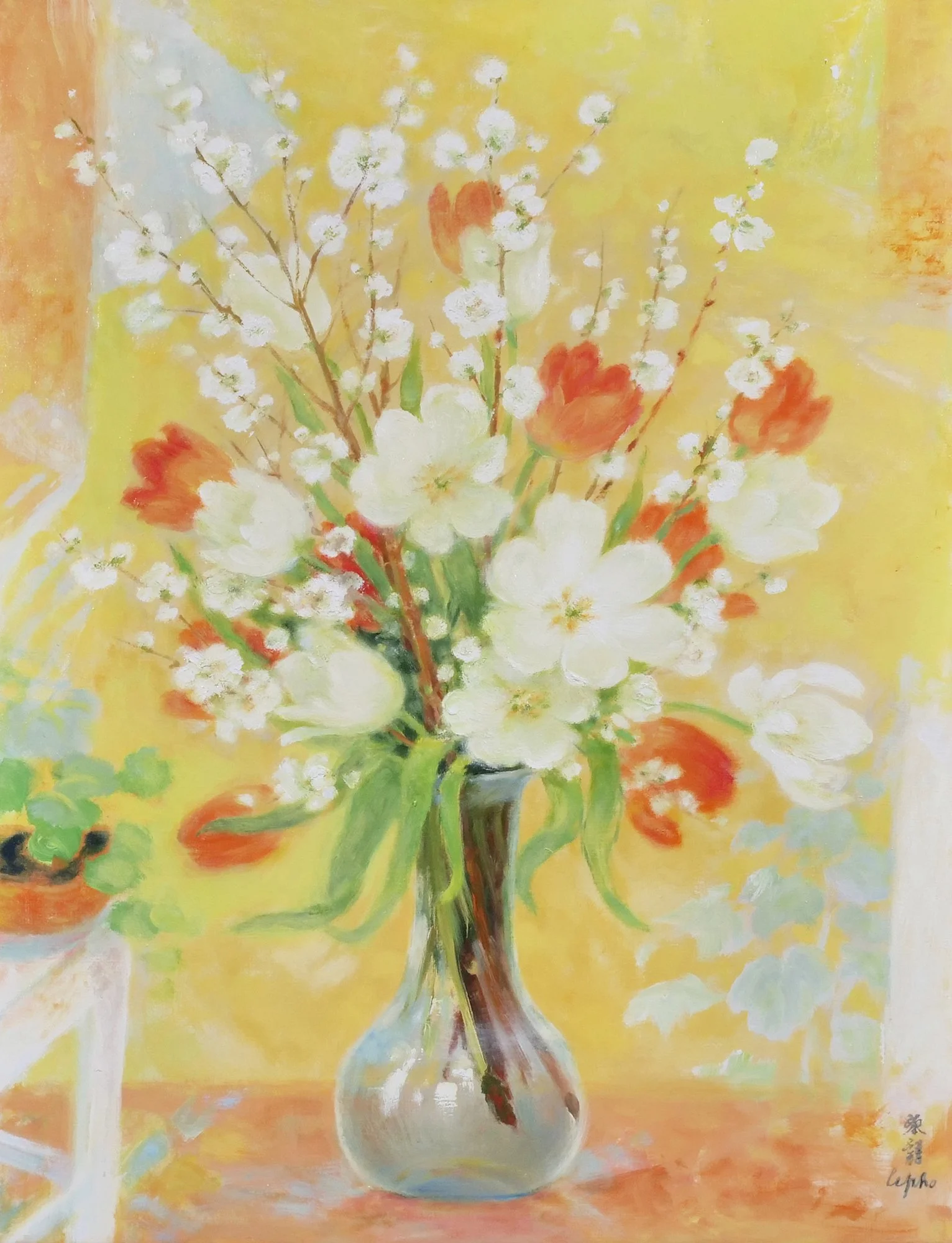 Painting of a bouquet of white and orange flowers in a glass vase on a yellow background.