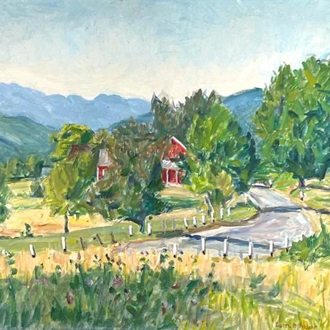 Painting of a rural landscape with a winding road, trees, a house with red roof and walls, and mountains in the background.