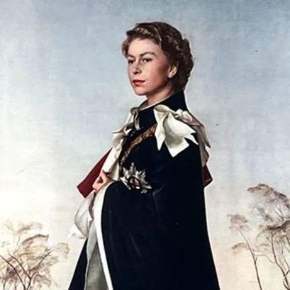 A portrait of a woman with a serious expression, wearing a dark coat with white bows, set against a painted outdoor background with trees.