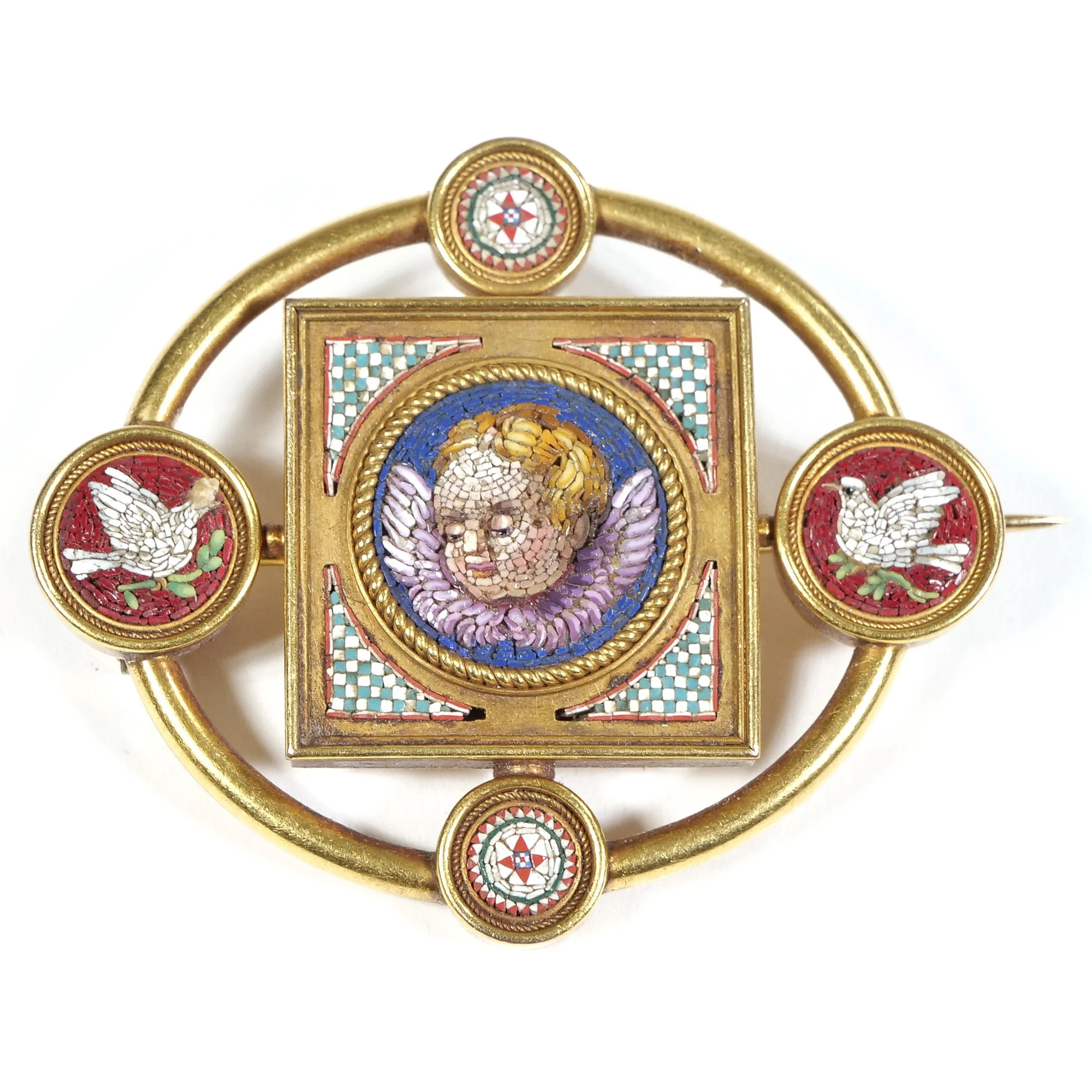 Ornate pin featuring a central cherub's face surrounded by colorful mosaic details, with four circular segments showing white doves on red backgrounds and checkered patterns at the top and bottom, auctioned and photographed by ACES Gallery.
