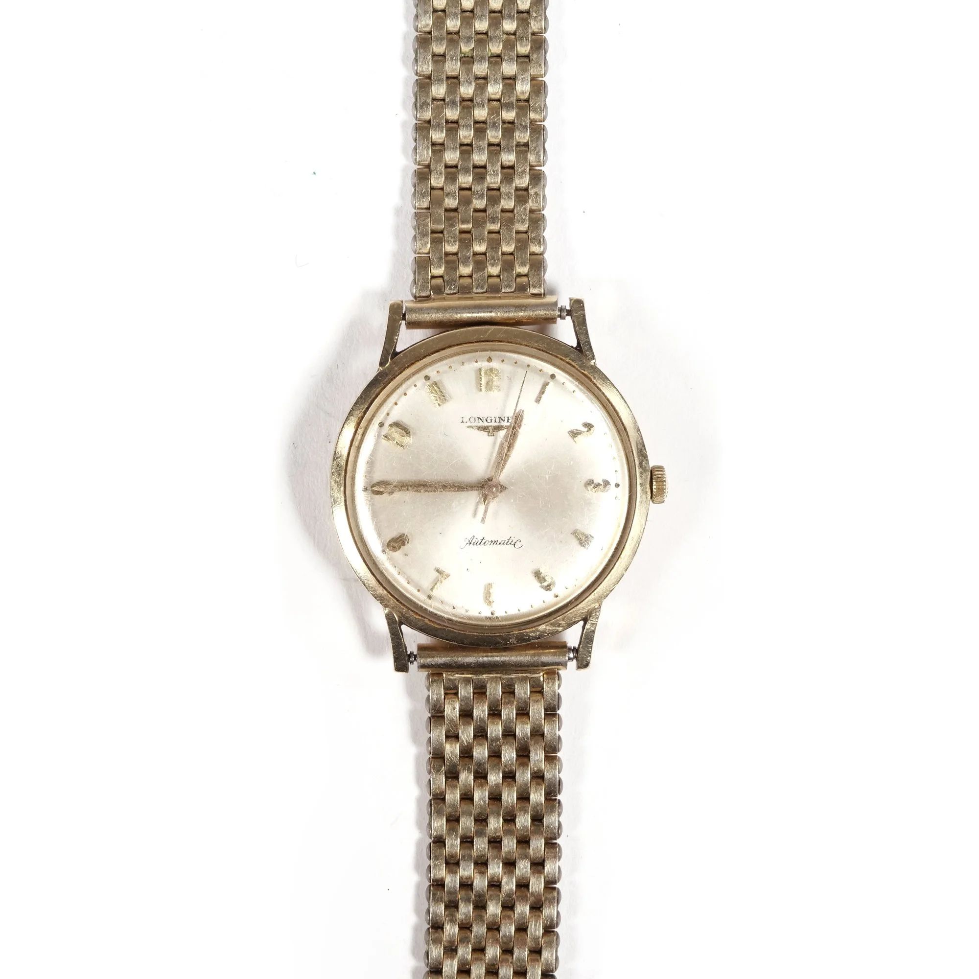 Vintage men's Longines automatic wristwatch with a silver dial, gold-tone case, and metal bracelet, auctioned and photographed by ACES Gallery.