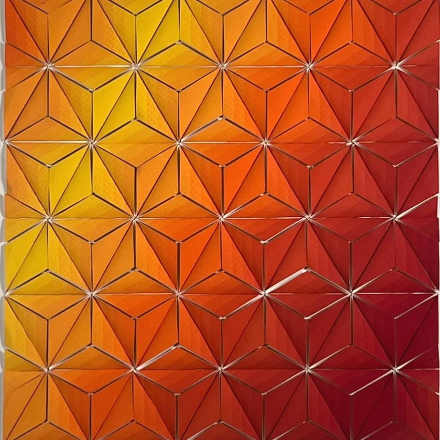 A colorful geometric wall pattern with 3D cube shapes in orange, red, and yellow shades, auctioned and photographed by ACES Gallery.