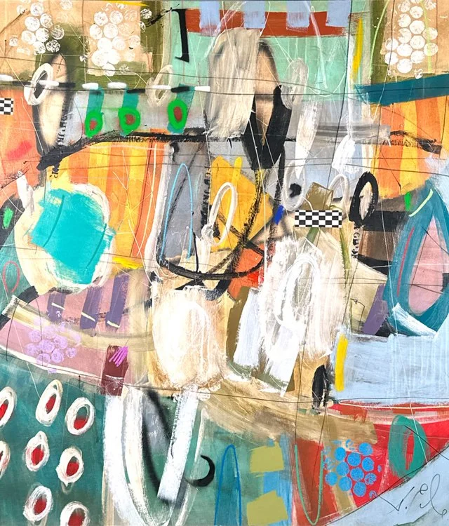 An abstract painting with various colors, shapes, and brushstrokes, including circles, lines, and patches of vibrant colors like orange, blue, yellow, black, and green, auctioned and photographed by ACES Gallery.