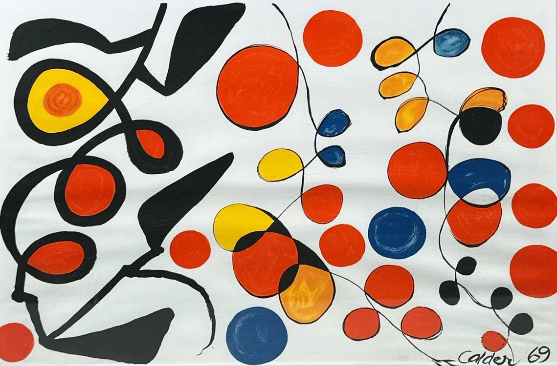Abstract work by Alexander Calder with black lines, red, yellow, and blue circles, and curved shapes on a white background, photographed by ACES Gallery.