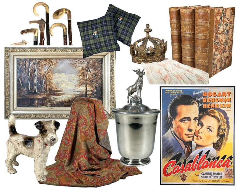 Vintage items including an oil painting of a landscape, old leather-bound books, a movie poster for Casablanca, a small puppy, a decorative jar with figural top, and a patterned blanket, auctioned and photographed by ACES Gallery.
