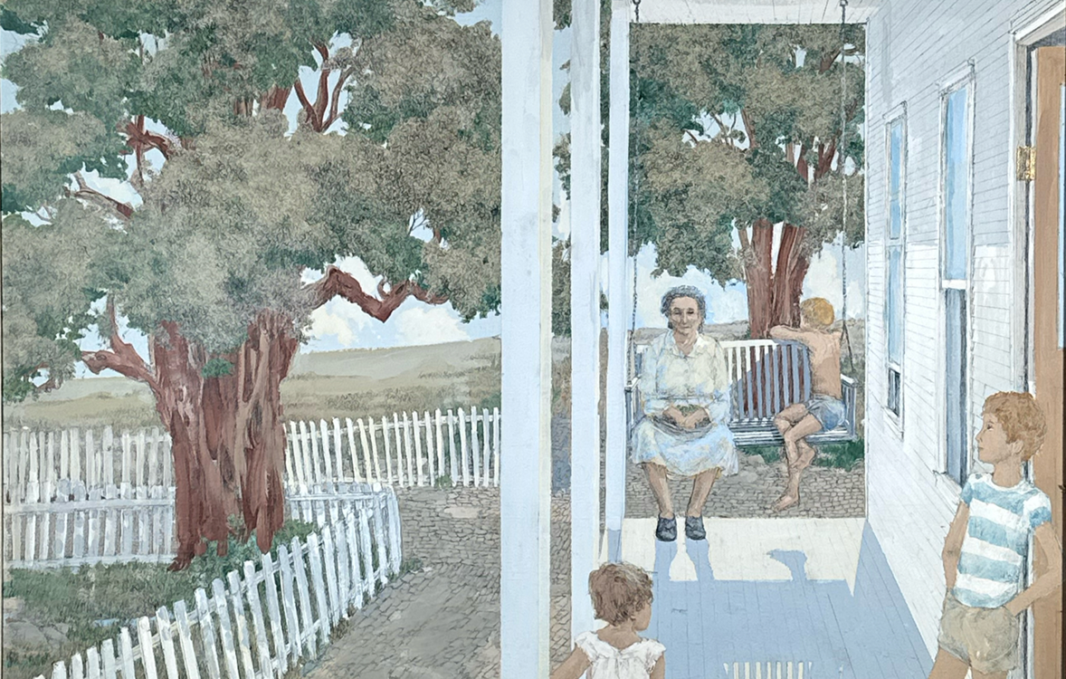 A watercolor painting of a porch scene with four people, including an elderly woman, a young boy with a hat sitting on a bench, a girl with curly hair, and a boy in a striped shirt, with a large tree and a white picket fence outside auctioned by aces