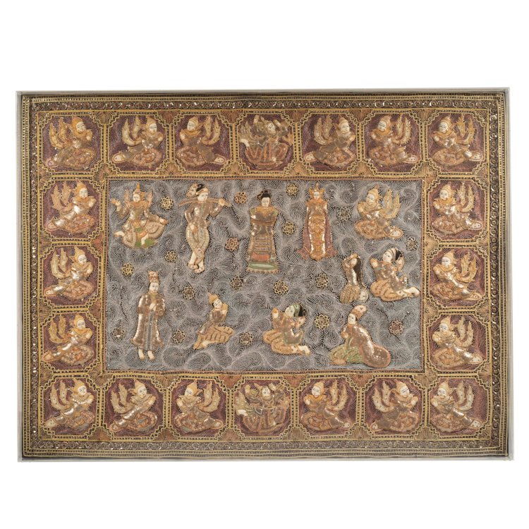 Intricate gold and silver embroidered Southeast Asian style textile with figures in traditional attire, bordered by a pattern of repeated figures in sitting poses, auctioned and photographed by ACES Gallery.