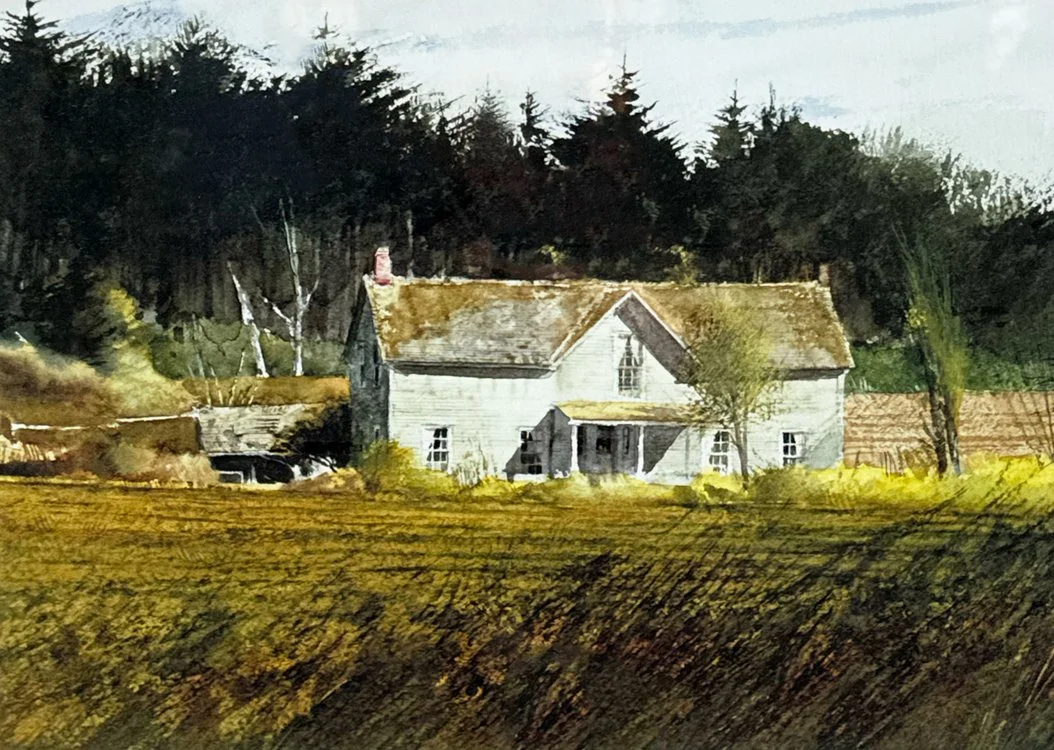 Watercolor painting of an old farmhouse with trees and a field in the foreground, auctioned and photographed by ACES Gallery.
