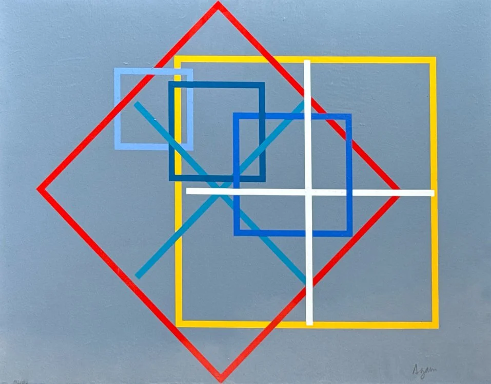 Abstract geometric artwork featuring overlapping squares and diamonds in red, yellow, blue, light blue, and white on a gray background, auctioned and photographed by ACES Gallery.