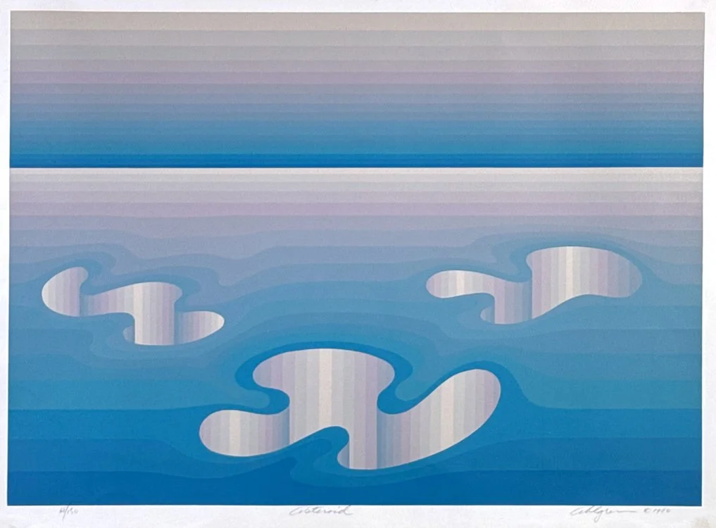 A modern abstract painting with gradient shades of blue and purple, depicting water and floating island-like shapes, auctioned and photographed by ACES Gallery.