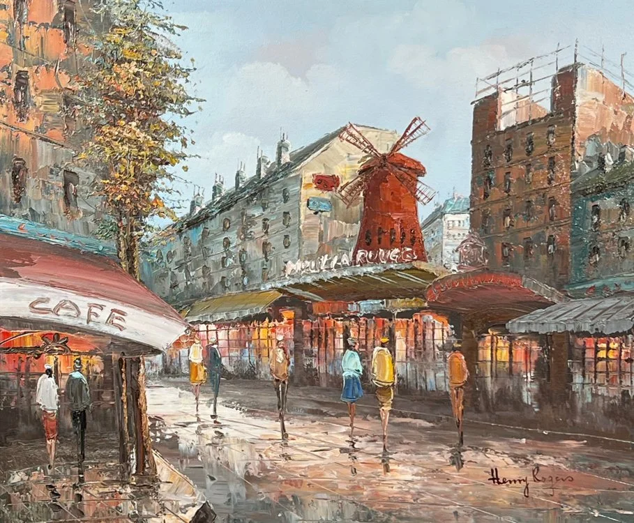 A painting of a Paris street scene featuring a red windmill with the label Moulin Rouge, surrounded by buildings, a cafe with outdoor seating, and people walking on the wet pavement, with cloudy sky overhead, auctioned and photographed by ACES.