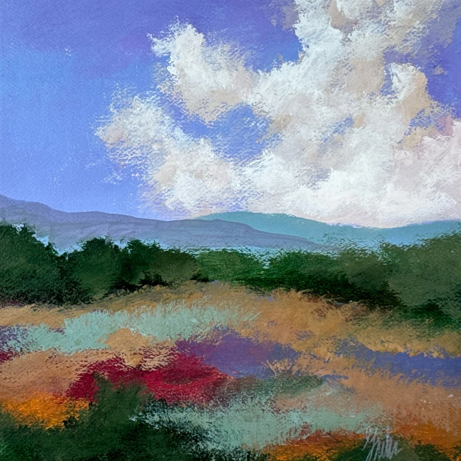 A landscape painting of a colorful field with trees, distant hills, and a partly cloudy sky, auctioned and photographed by ACES Gallery.
