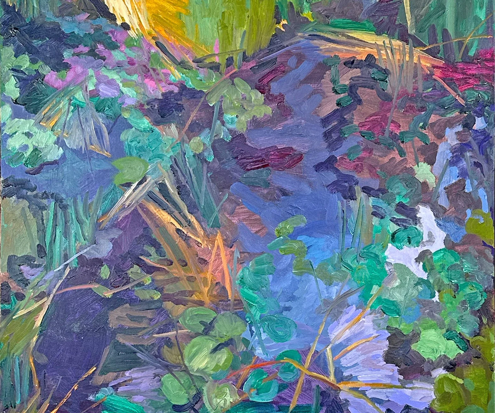 A colorful painting of a pond with green lily pads, purple and pink flowers, and reflected foliage, auctioned and photographed by ACES Gallery.