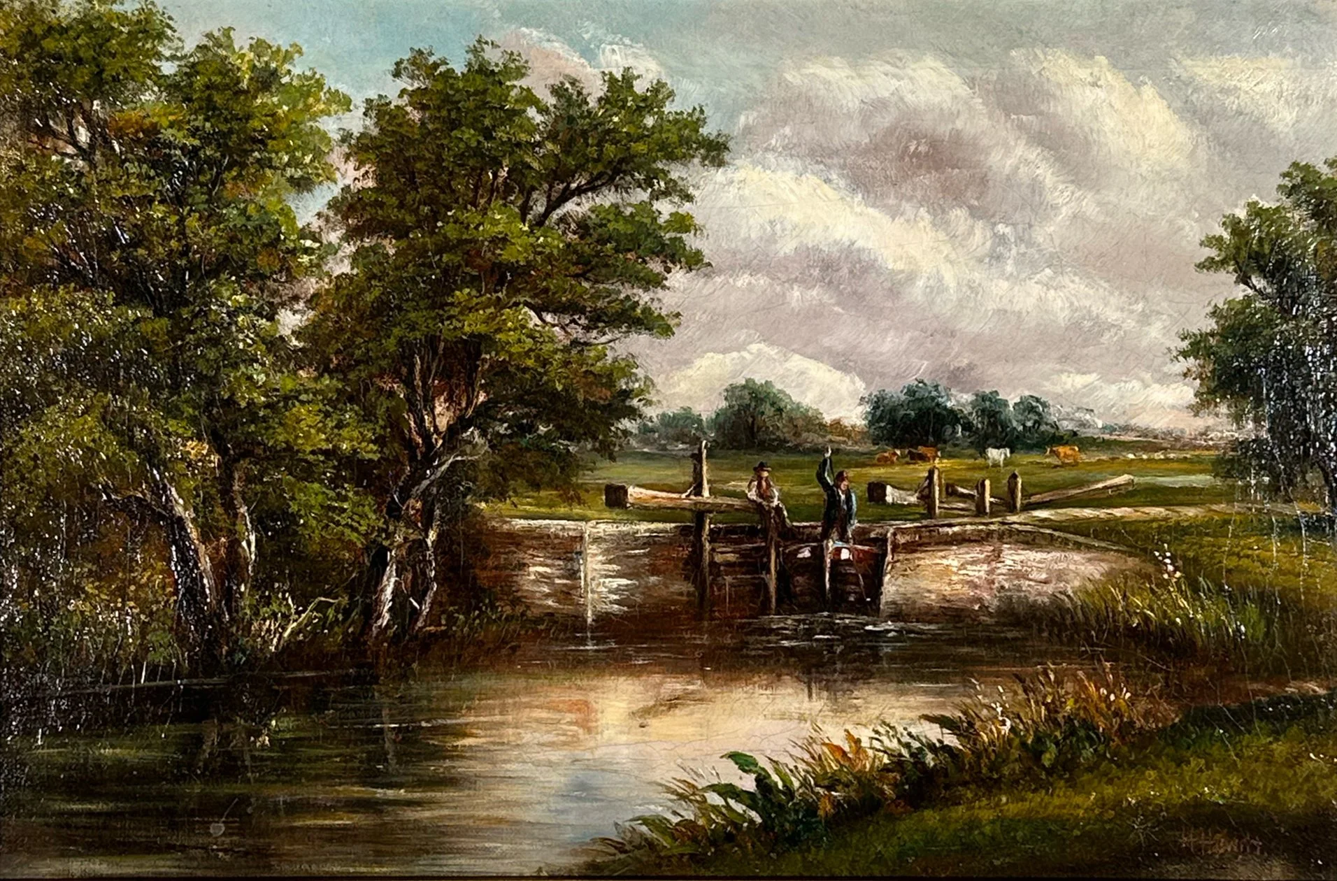 A rural landscape painting showing two men standing on a wooden bridge over a stream, surrounded by trees and open fields with grazing cows under a cloudy sky, auctioned and photographed by ACES Gallery.