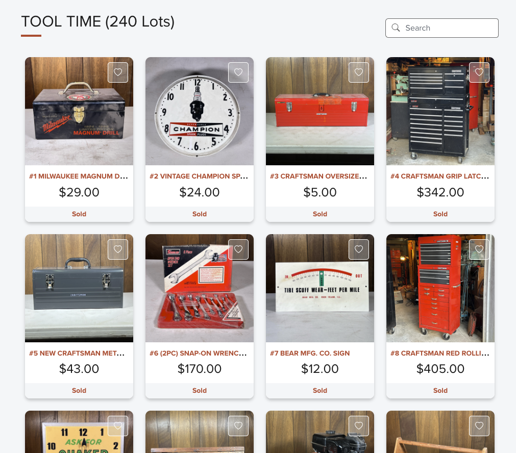 Online auction listing of various tools and equipment with photos and prices, including a Milwaukee Magnum drill, a vintage Champion clock, a Craftsman oversized toolbox, a Craftsman grip lathe, a Craftsman metal case, a 2-piece Snap-on wrench set, a Bear Manufacturing company sign, and a Craftsman red rolling tool chest.